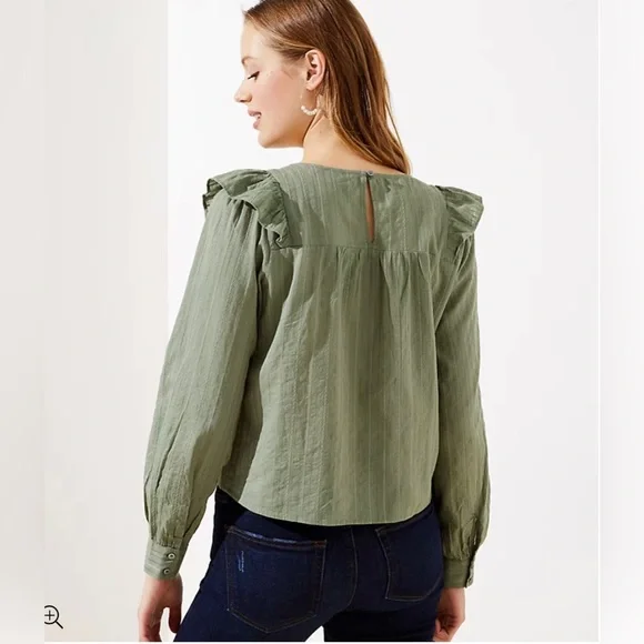 Loft Green Ruffle Cropped Blouse Top Size Large - Picture 3 of 9